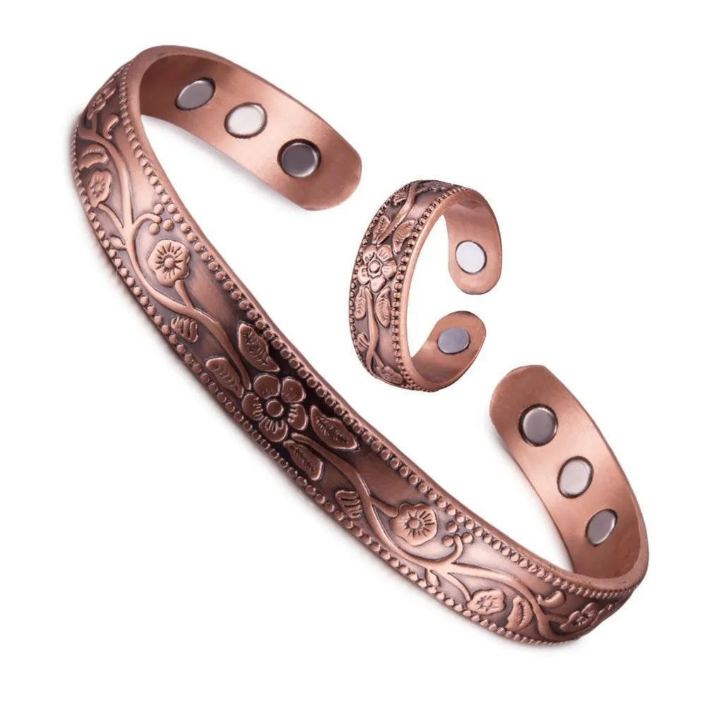 Adjustable Magnetic Bracelet Set with Retro Flower Design in Ancient Red Copper for Men and Women