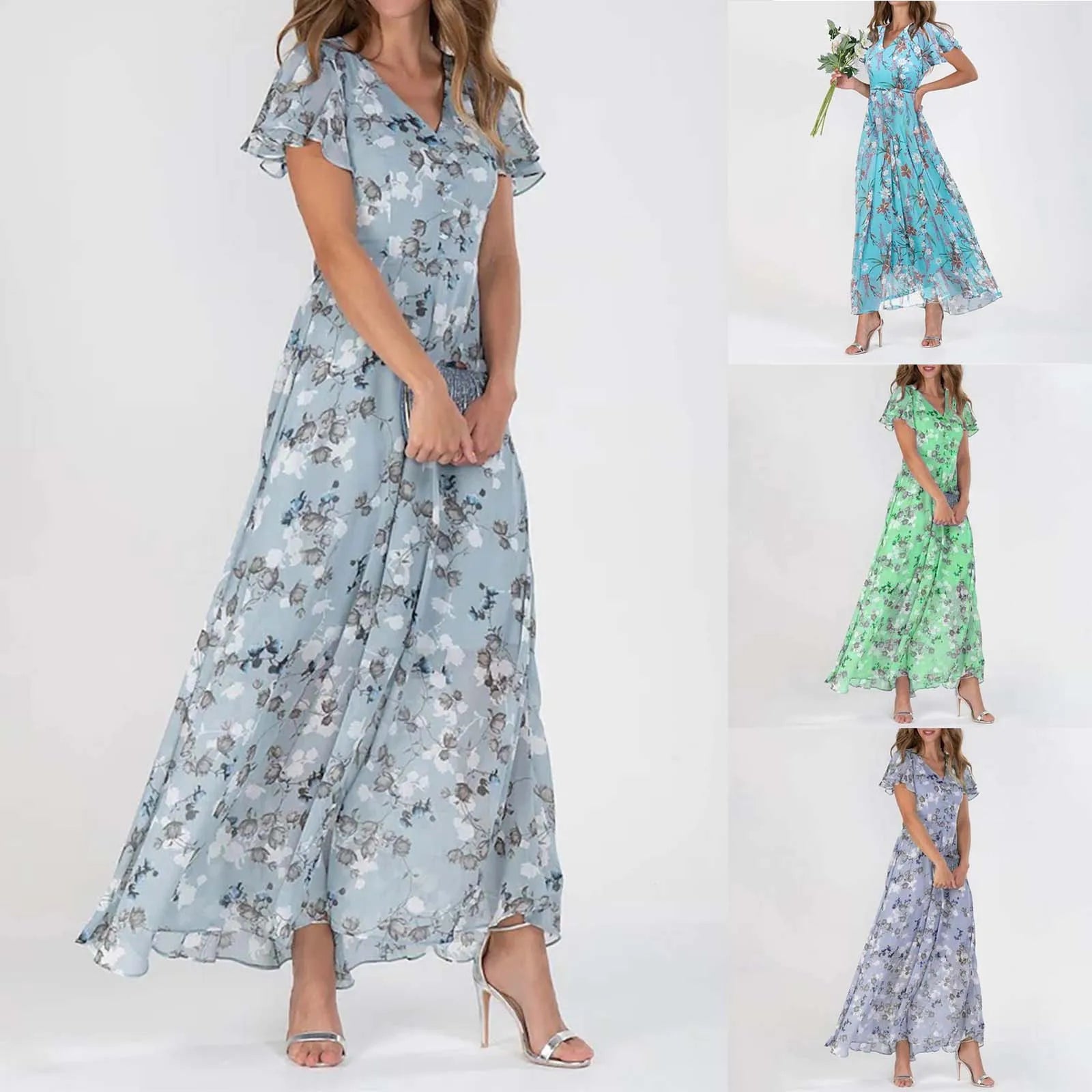 V Neck Floral Chiffon Maxi Dress With Ruffle Short Sleeves