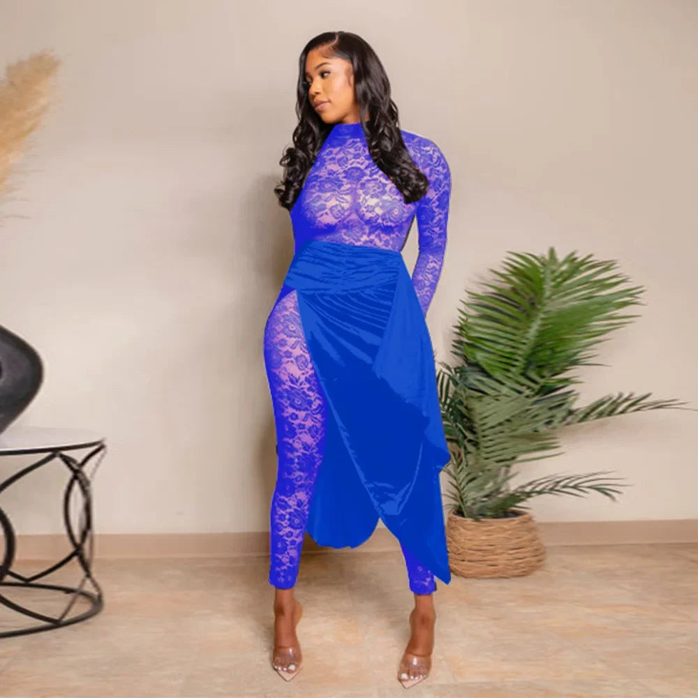 Sexy Sheer Floral Lace Jumpsuit with Overlay Skirt Stretchy Skinny One Piece Romper for Nightclub Party Women Clubwear