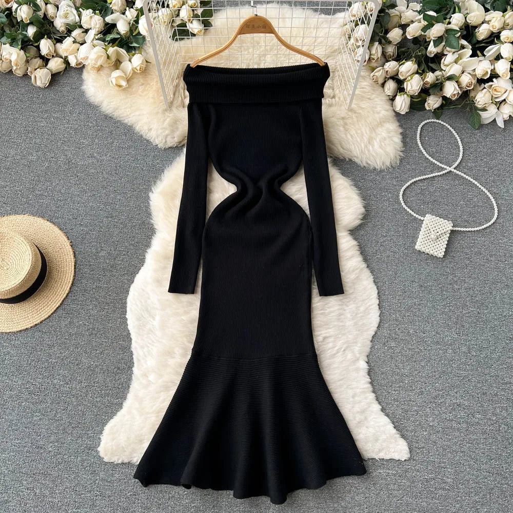 Elegant Knit Mermaid Dress Wrap Off Shoulder Long Sleeve