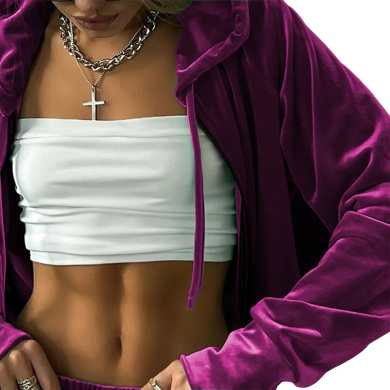 Velvet Tracksuit Women Two Piece Set with Zipper Crop Coat and Long Pants Casual Outfit
