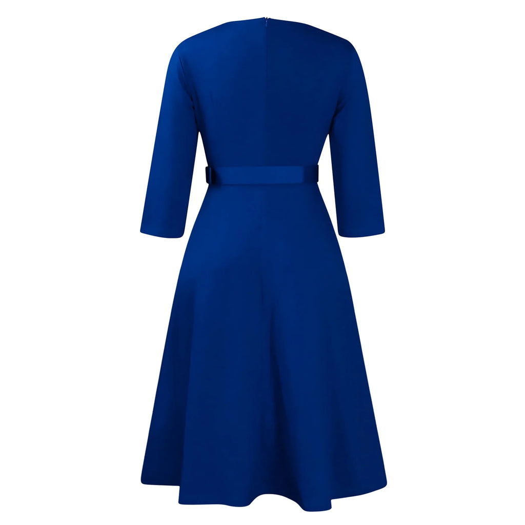 V Neck Office Dress For Women Belted Pleated Mid Calf