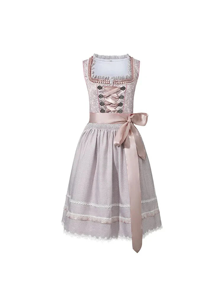 Dirndl Dress Women Midi Apron Oktoberfest Pink Blue