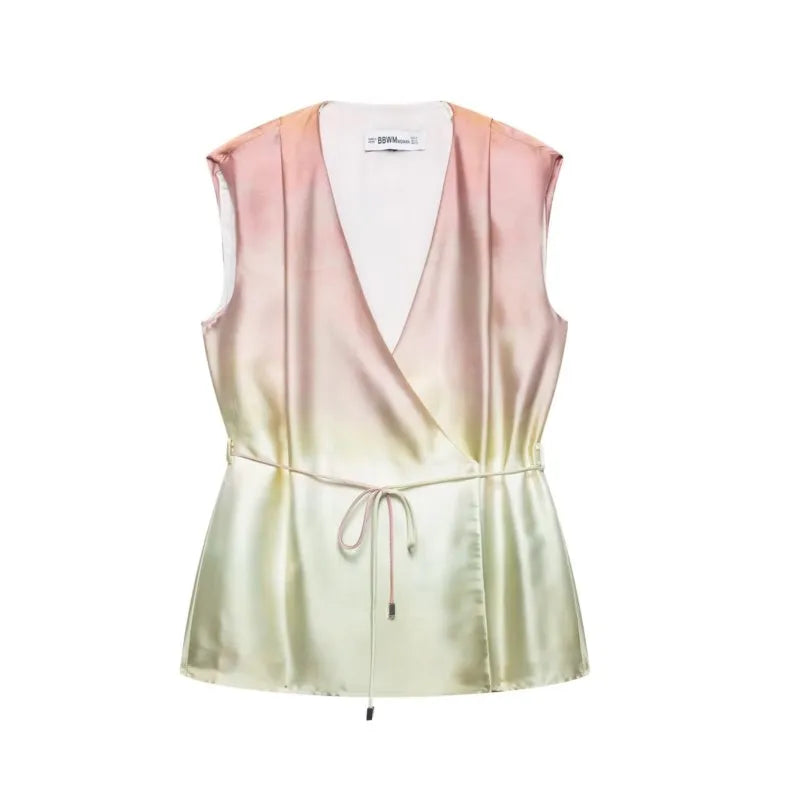 Women Tie Dye Two Piece Set Casual V Neck Waistcoat and Wide Leg Trousers with Shoulder Pads