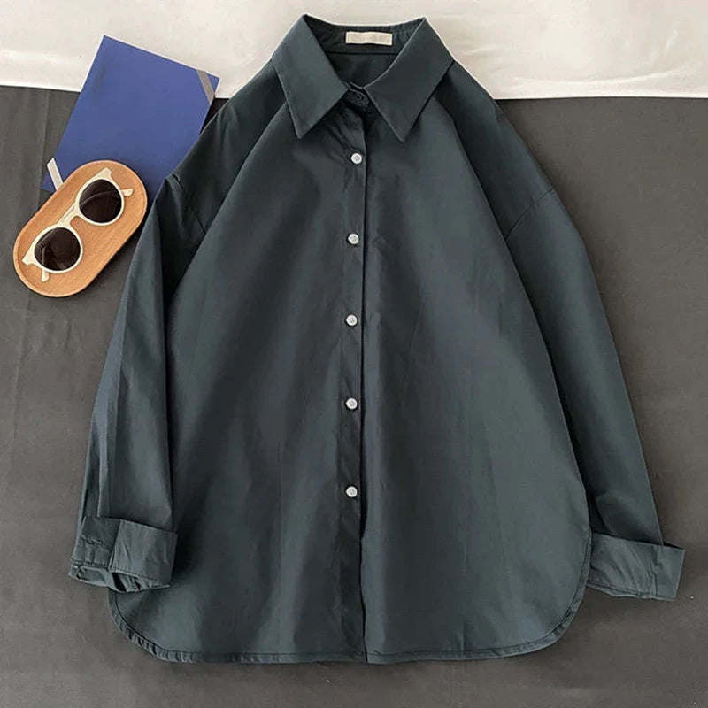 Retro Solid Loose Long Sleeve Shirt Blouse Outerwear Casual Single Breasted Spring Top Simple Trend