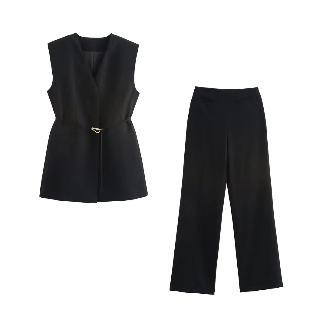 Women's Casual Black Sleeveless Split Design Vest Pants Set with Belt for Autumn Commuting
