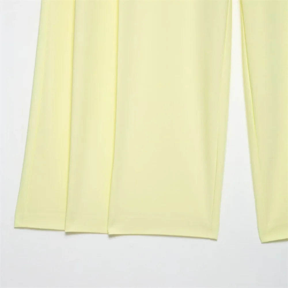 Womens Light Yellow Suit Set Halter Vest with Gold Buttons and Pleated Wide Leg Pants Stylish Ensemble