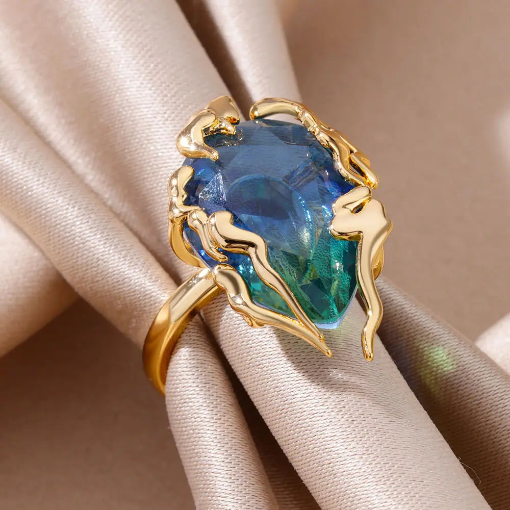 Zircon Water Drop Adjustable Ring for Women Stainless Steel Flame Design Fashion Jewelry Gift