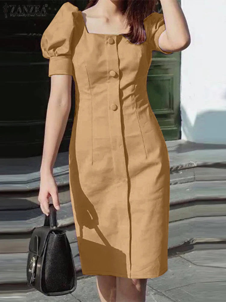 Puff Sleeve Square Collar Sheath Dress For Women Summer