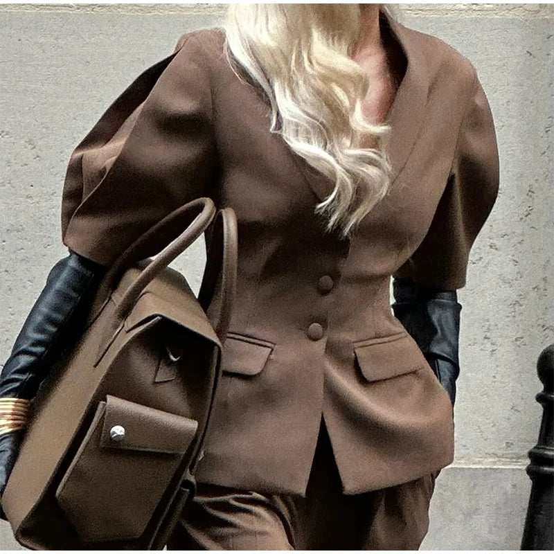 Casual Women Blazer Pants Suit with Slim Lapel Puff Sleeves and Wide Leg Trousers 2 Piece Outfit