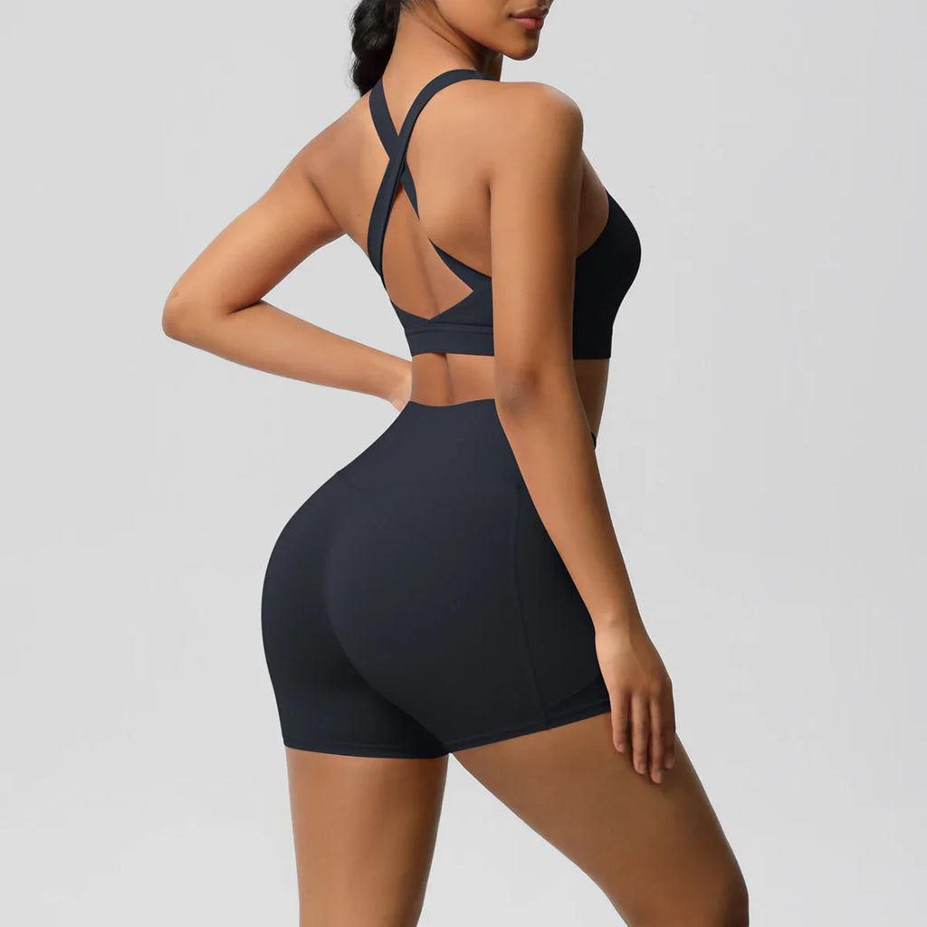 2PCS Pocketed Yoga Set for Women with Crossover Bra and Gym Leggings Workout Tracksuit Sports Shorts Activewear