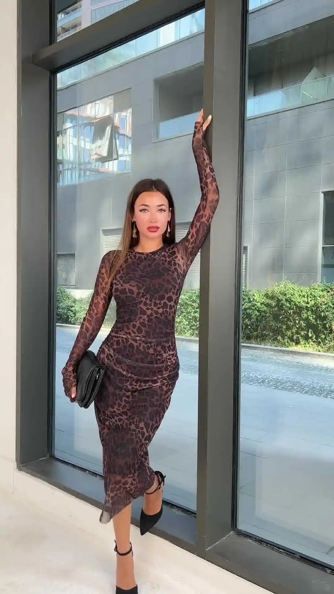 Leopard Print Bodycon Dress Retro Long Sleeve Party Dress