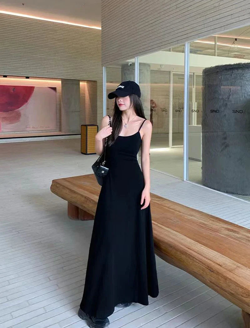 Y2K Black Strap Long Dress Sleeveless Bodycon Sundress