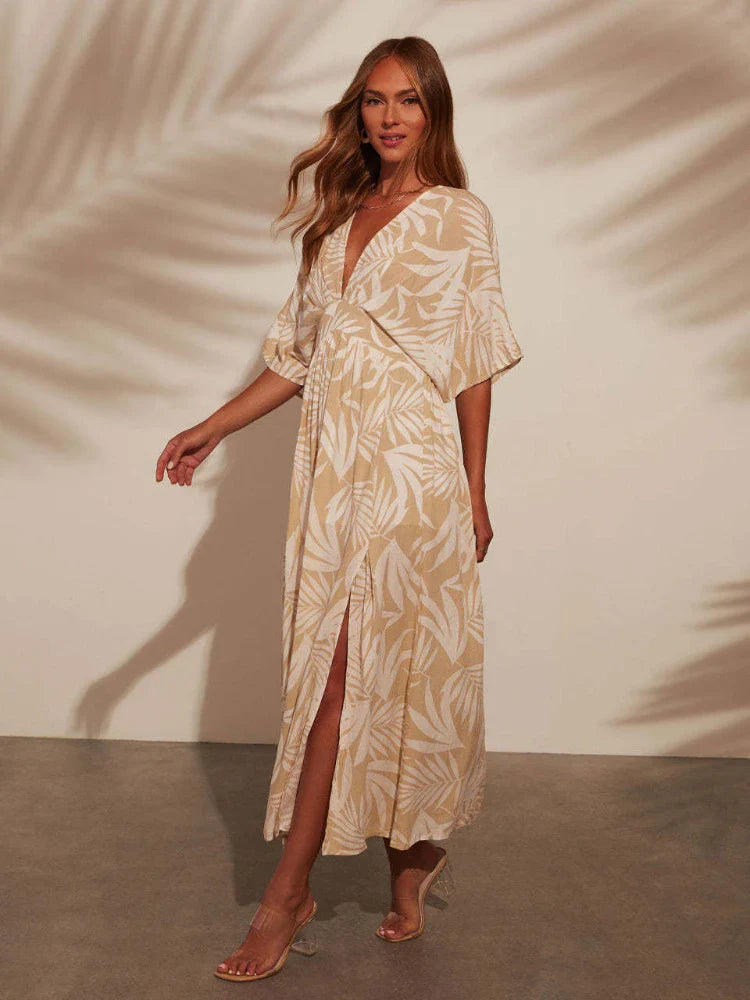 Bohemian Maxi Dress Printed V Neck Beach Vacation Style