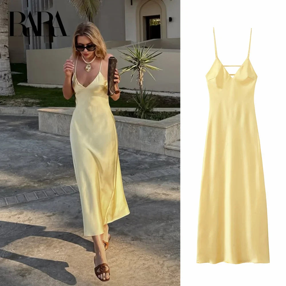 Silky Satin Backless Midi Dress With Textured Finish