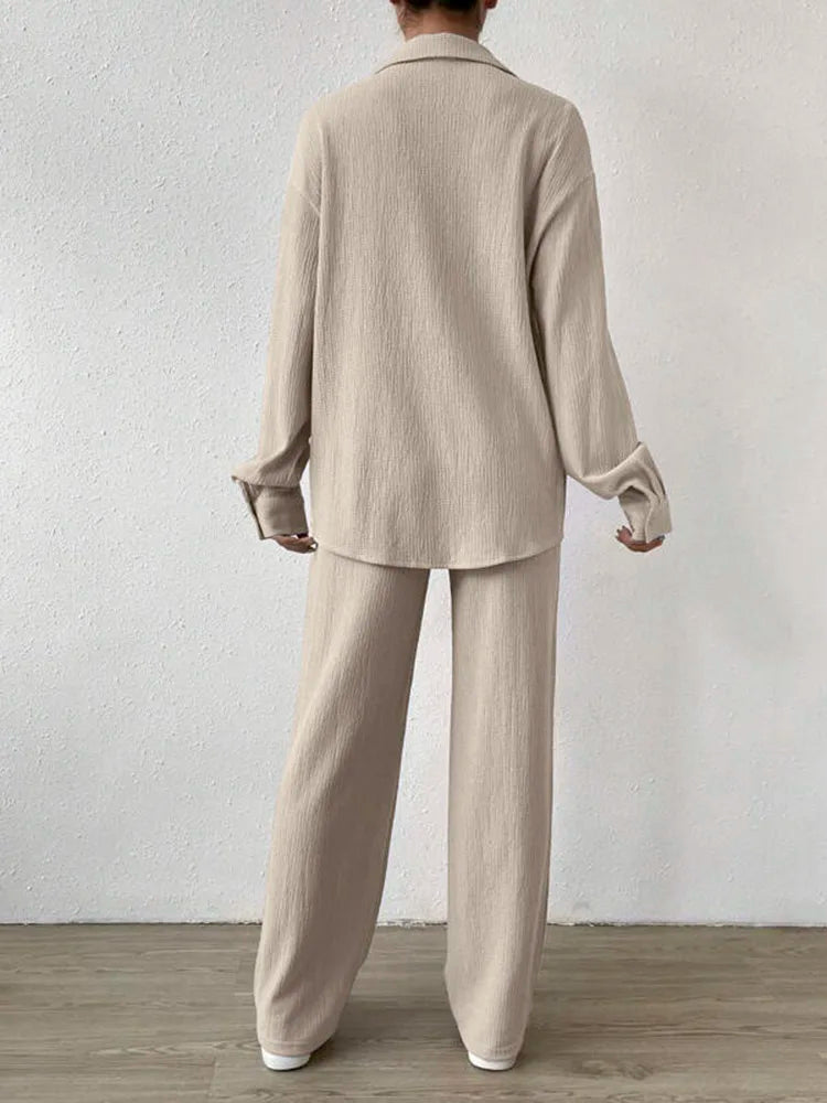 Casual 2 Piece Knit Outfit for Women Long Sleeve Button Down Shirt and Loose Wide Leg Pants Set for Autumn Streetwear