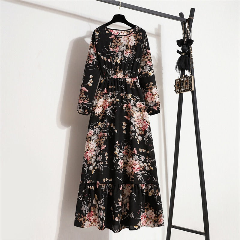 Bohemian Floral Maxi Dress High Waist Chiffon Long Sleeves