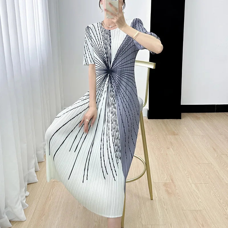 Women Pleated Dress Black White Print O Neck Short Sleeve