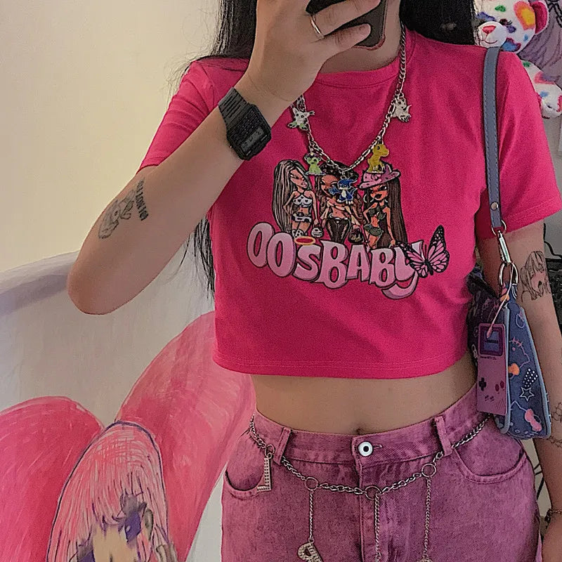 Y2K Summer Gothic Slim Fit Women Crop Top Punk Grunge Streetwear Tee