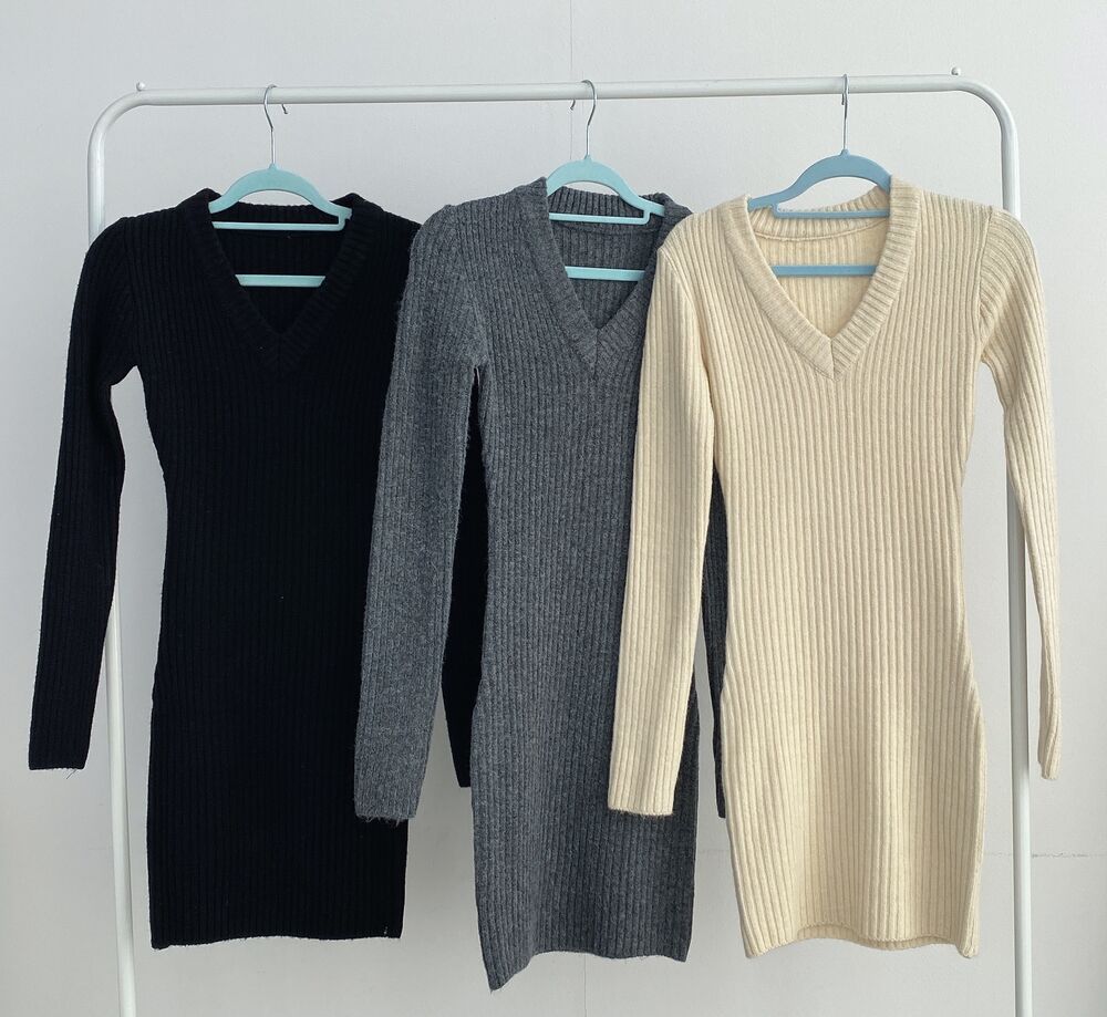Knit Bodycon Midi Sweater Dress With V Neck For Women