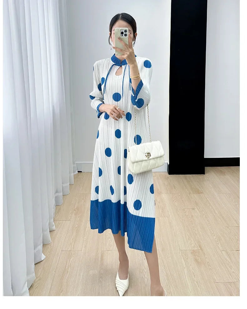Polka Dot Pleated Dress for Women with Stand Collar