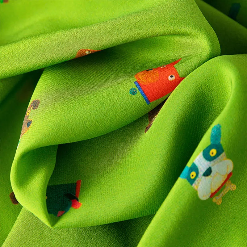 Women Shirt 100 Percent Mulberry Crepe Silk Green Lantern Sleeve Blouse with Cartoon Button Detail