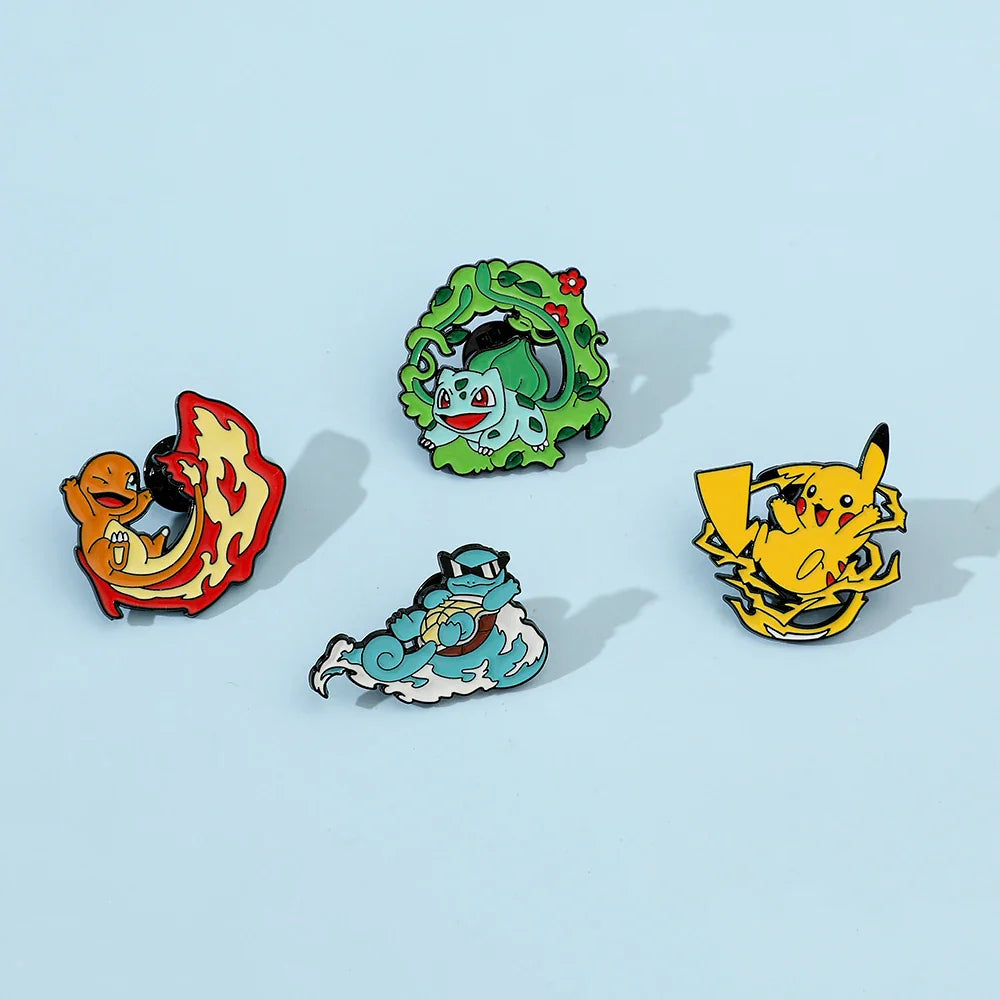 Cute Cartoon Pocket Monsters Enamel Brooch Set for Bags - 4 Pcs Creative Animated Character Accessories