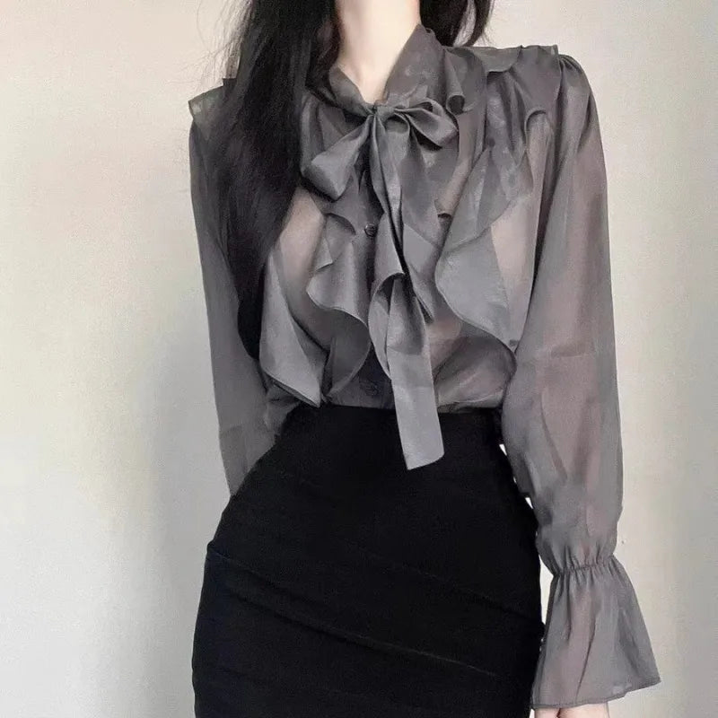 Charming Summer Chiffon Blouse for Women with Sweet Bow Detail Casual Long Sleeve Office Lady Top Lightweight Autumn Shirt