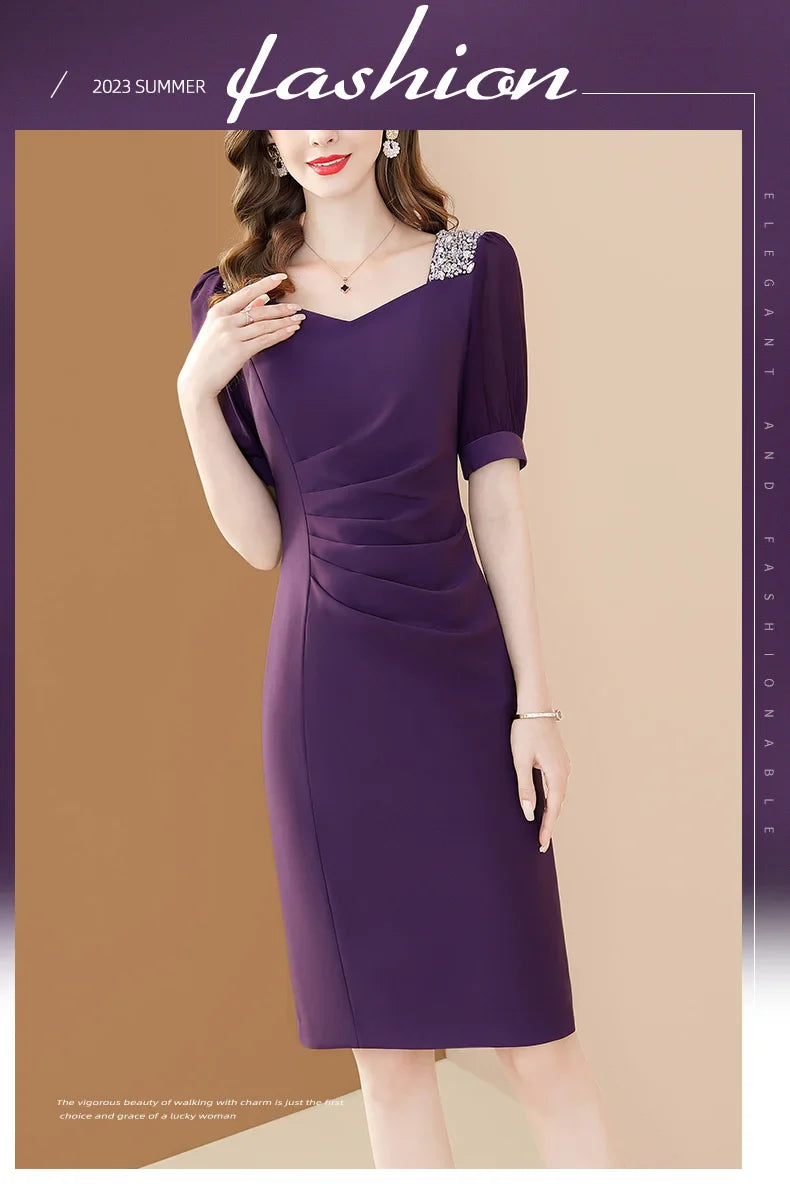 Purple Embroidered A Line Dress For Office And Party