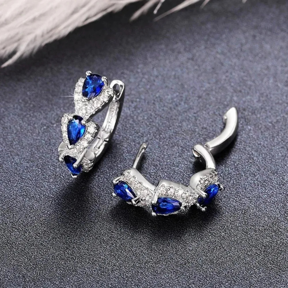 925 Sterling Silver Blue Cubic Zirconia Hoop Earrings Elegant Jewelry Gift for Women
