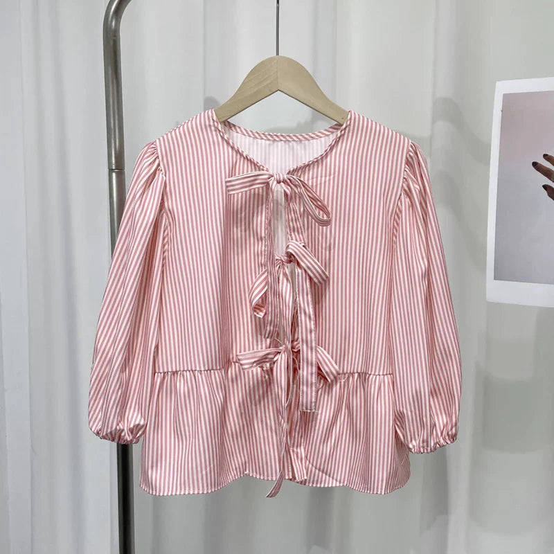Elegant Women Striped Bow Tie Lace Up Blouse Round Neck Short Sleeve Puff Sleeve Loose Fit Vintage Chic Top for Spring and Summer