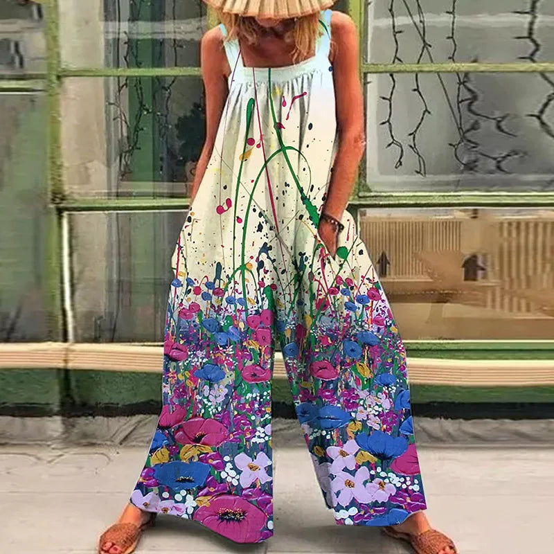 Loose Casual Oversized Print Suspenders One-Piece Pants with Broad Leg Straps for Women Summer Comfortable Relaxed Fit