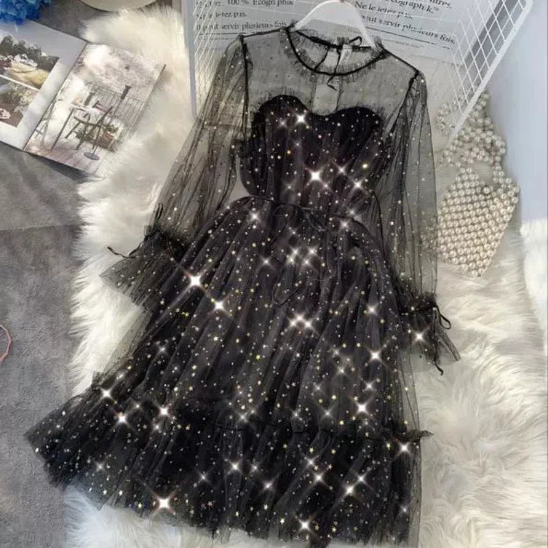 Sequined Mesh Fairy Dress For Women Party Gala Evening Wear