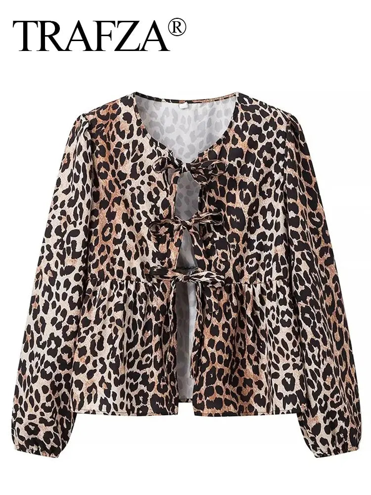Women's Leopard Print Lace-Up Vintage Blouse Casual Loose Fit Y2K Chic Shirt