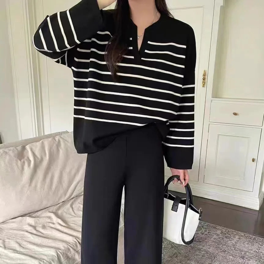 Women's Winter Sweater Set with Stripe Knit Pullover and Wide Leg Pants for Casual Elegance