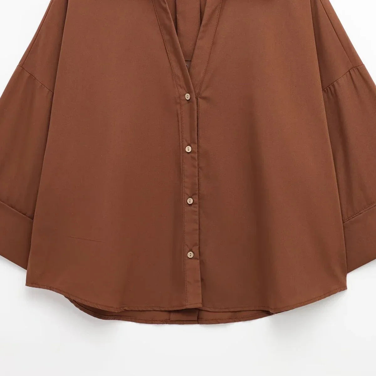 Women's Wide-Sleeved Poplin Shirt with Lapel Collar Long Sleeve Single-Breasted Loose Hem Casual Chic Top for Spring and Summer