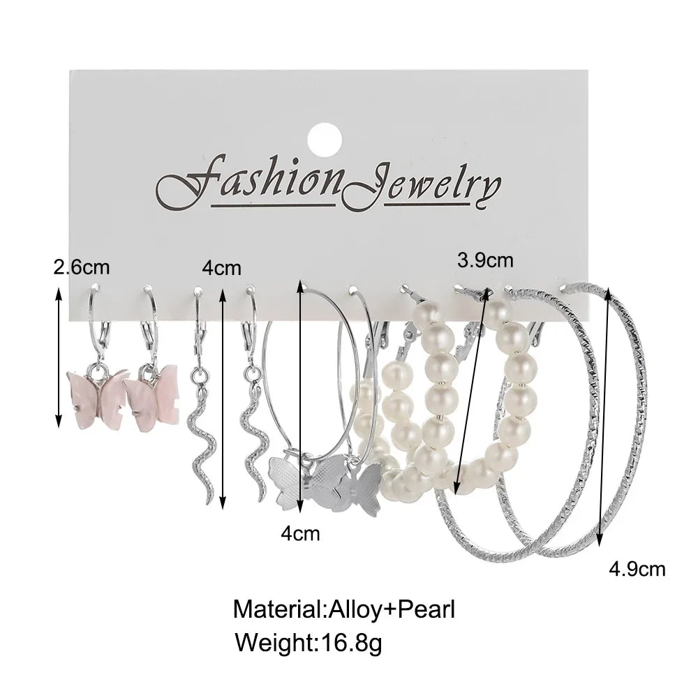 Fashion Silver Color Round Pearl Hoop Earrings Set for Women with Snake and Butterfly Dangle Design