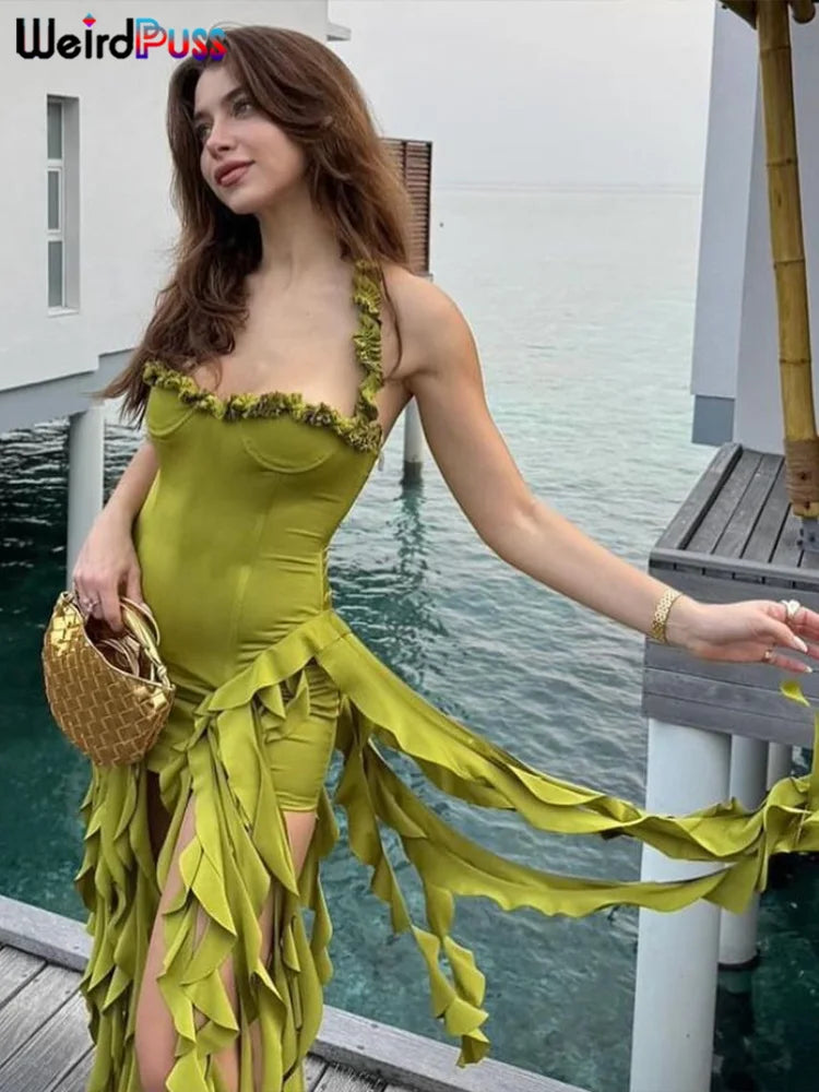 Backless Halter Bodycon Party Dress With Tassel Hem