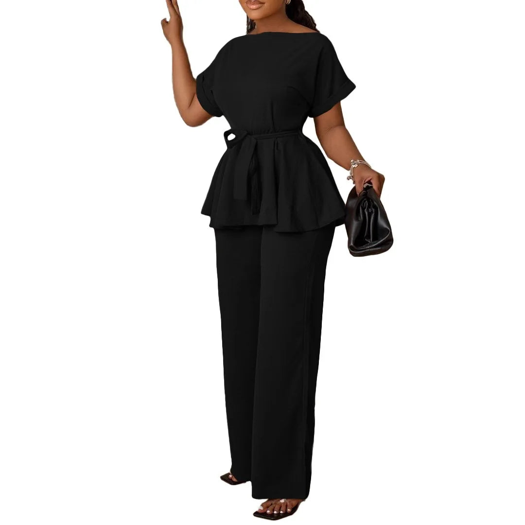 Women's Elegant 2 Piece Pants Set with Solid Blouse Short Sleeve O Neck and Long Trousers