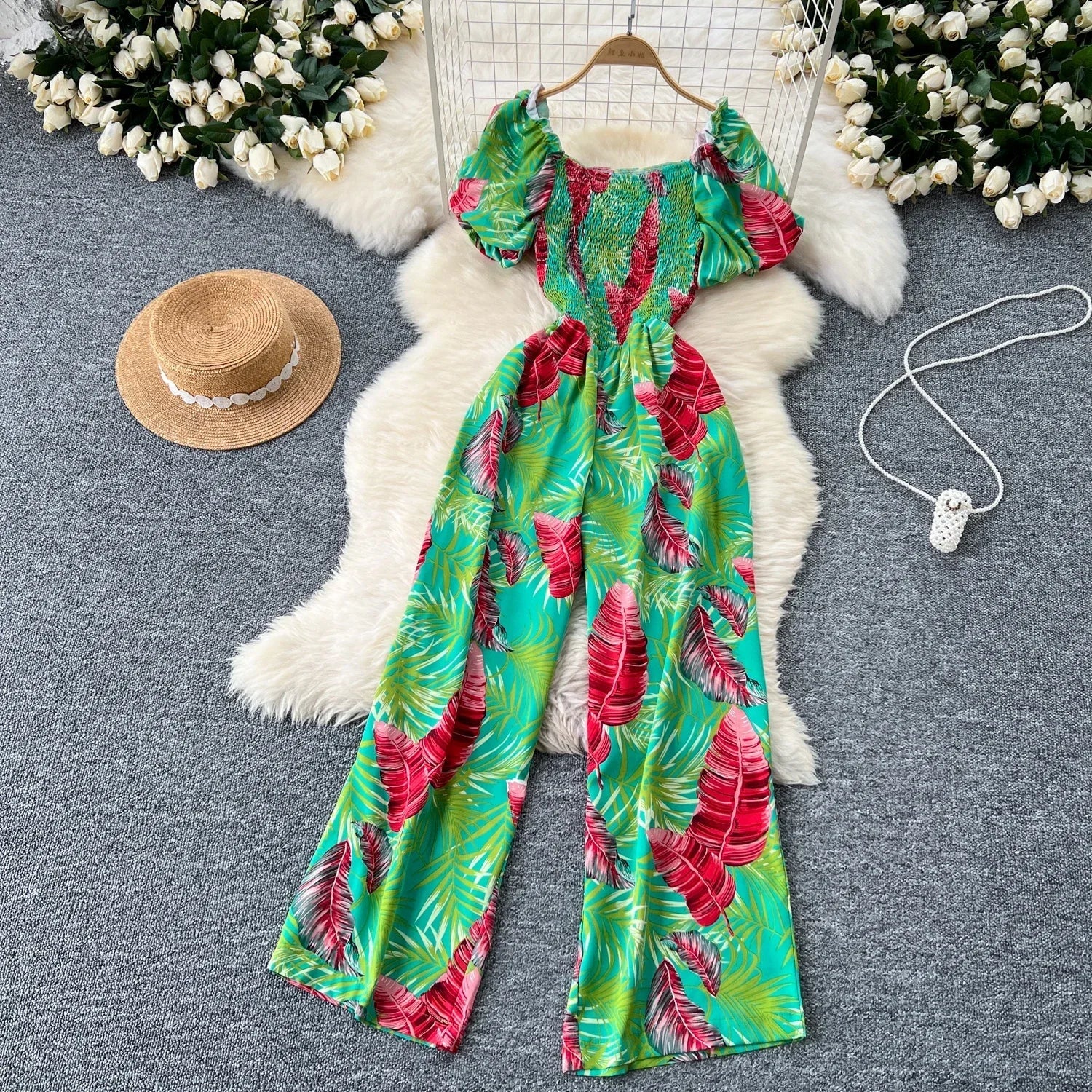 Square Neck Loose Pleated Jumpsuit with Ruffles Backless Design Wide Leg Long Pants Elegant Chic Printed Playsuit for Women
