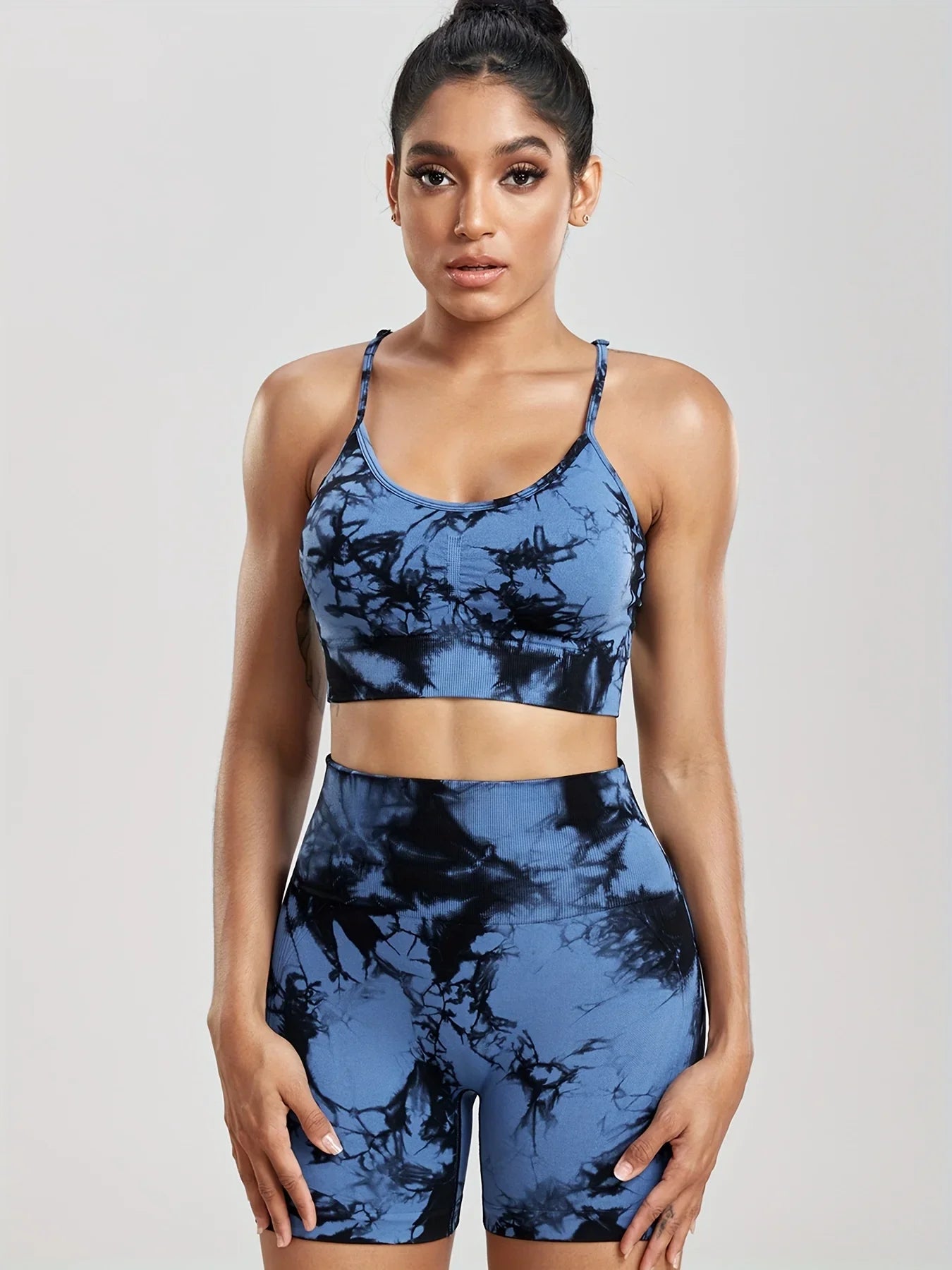 2-Piece Women Tie-Dye Sports Shorts and Crop Top Set Breathable Athletic Workout Gym Outfit Perfect for Yoga Fitness and Biking