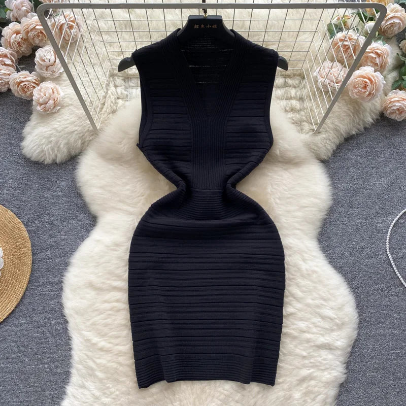 White Knit Tank Dress V Neck Sleeveless Bodycon Wrap Dress
