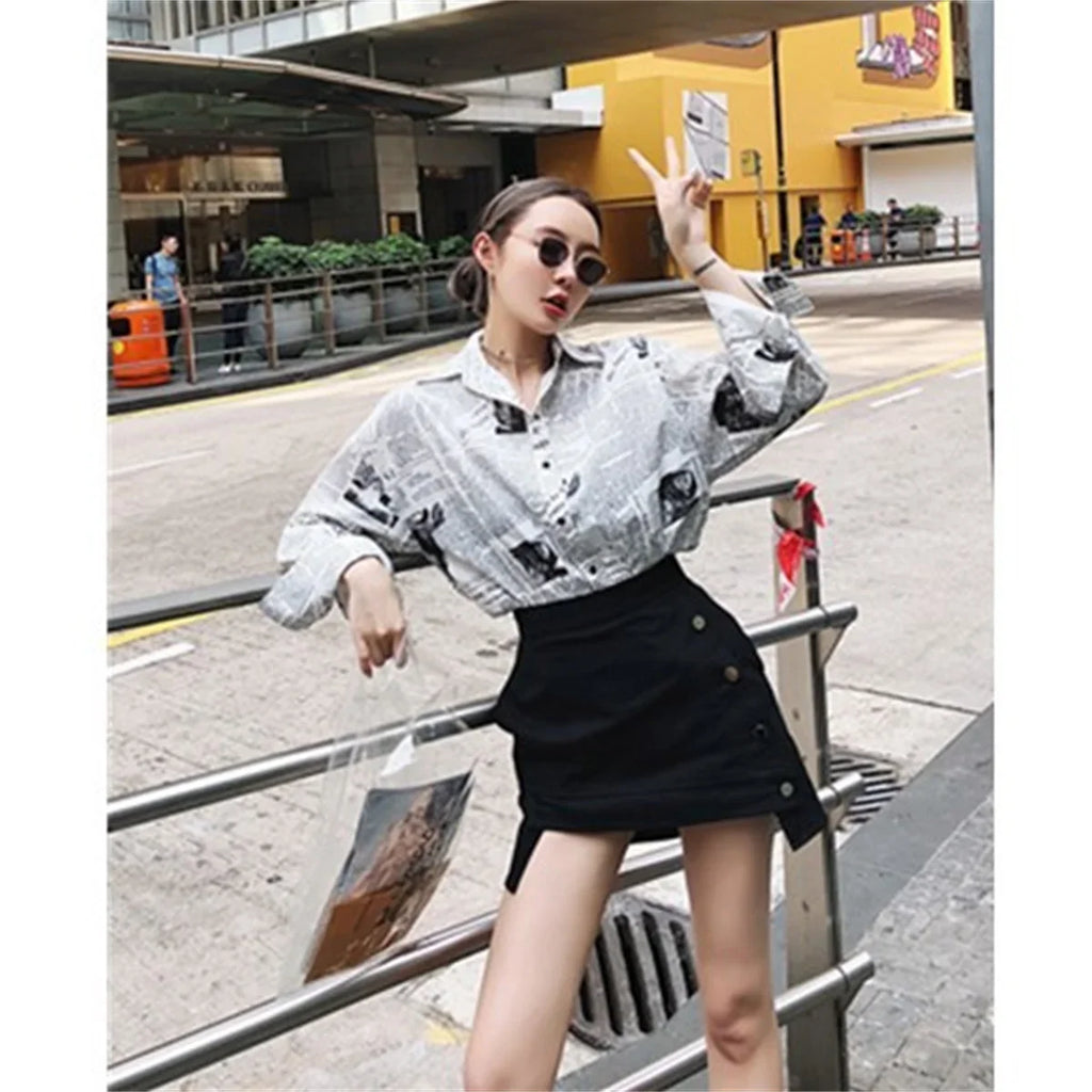 Women's Loose Fit Summer Blouse Thin Breathable Newspaper Print Shirt Sun Protection Long Sleeve Top Casual Streetwear