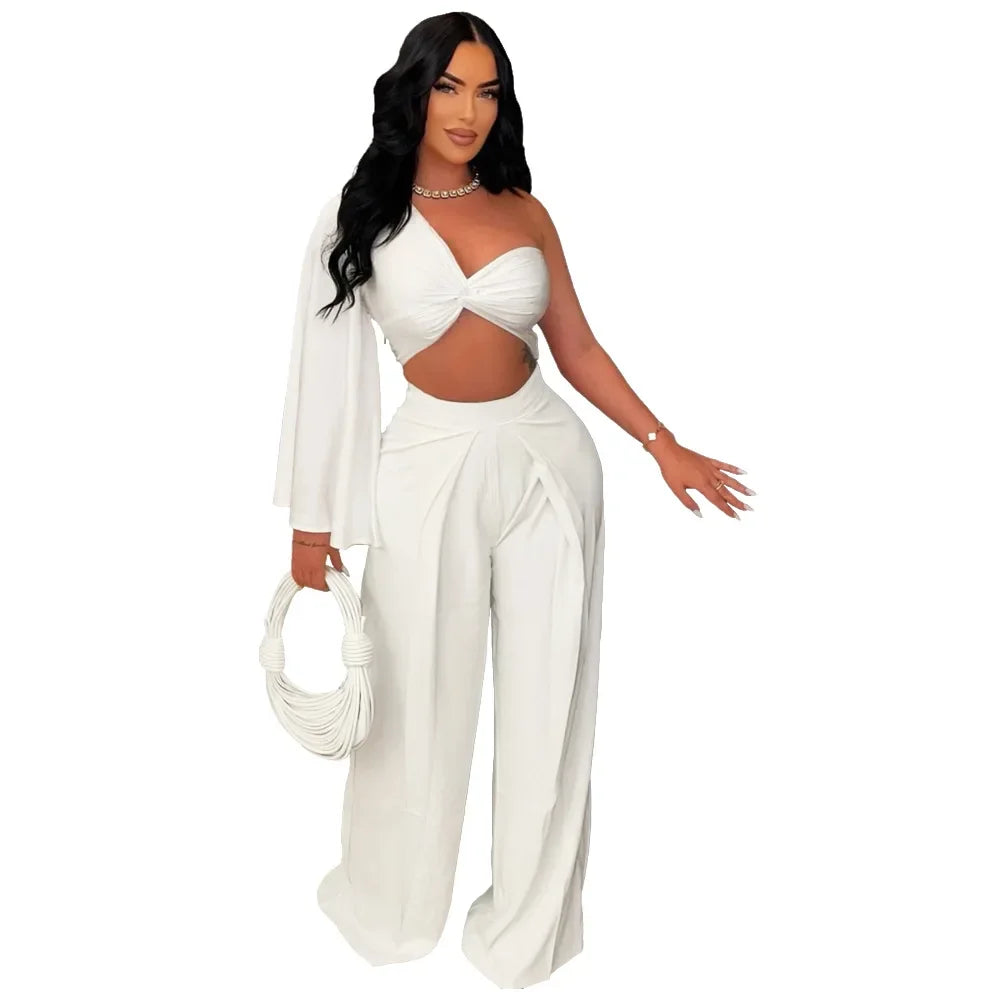 Women's Ruched One Shoulder Sleeve Crop Top and Wide Leg Pants Two Piece Set Outfit