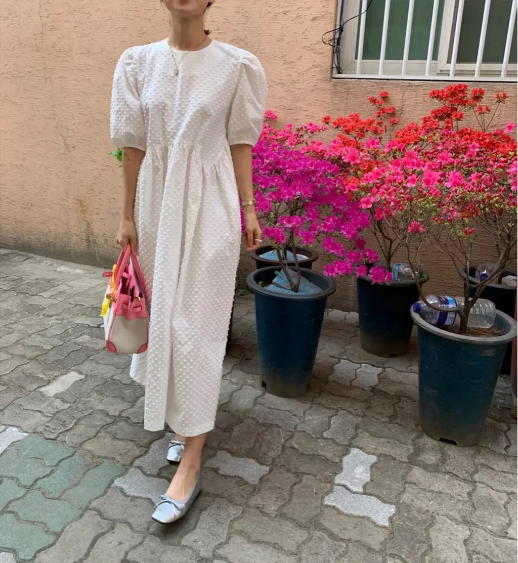 Women Polka Dot Puff Sleeve Long Dress Casual Party