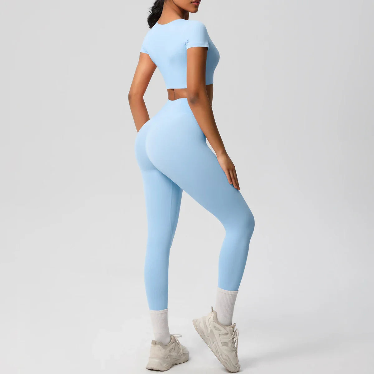 Yoga Set for Women Fitness Sportswear with Short Sleeve Top and High Waist Leggings