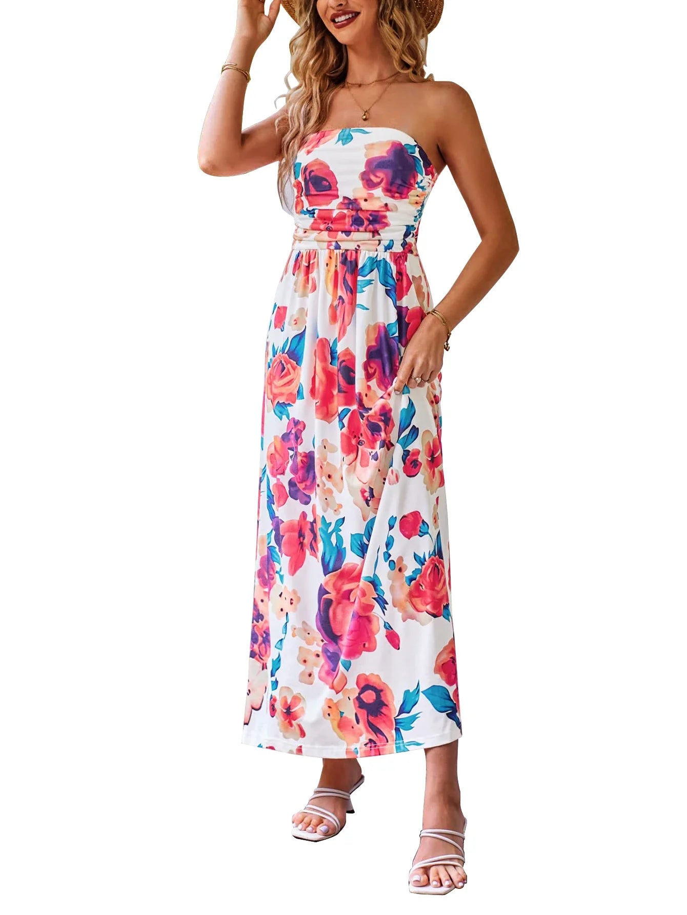 Strapless Maxi Dress With Pockets Pleated Off Shoulder