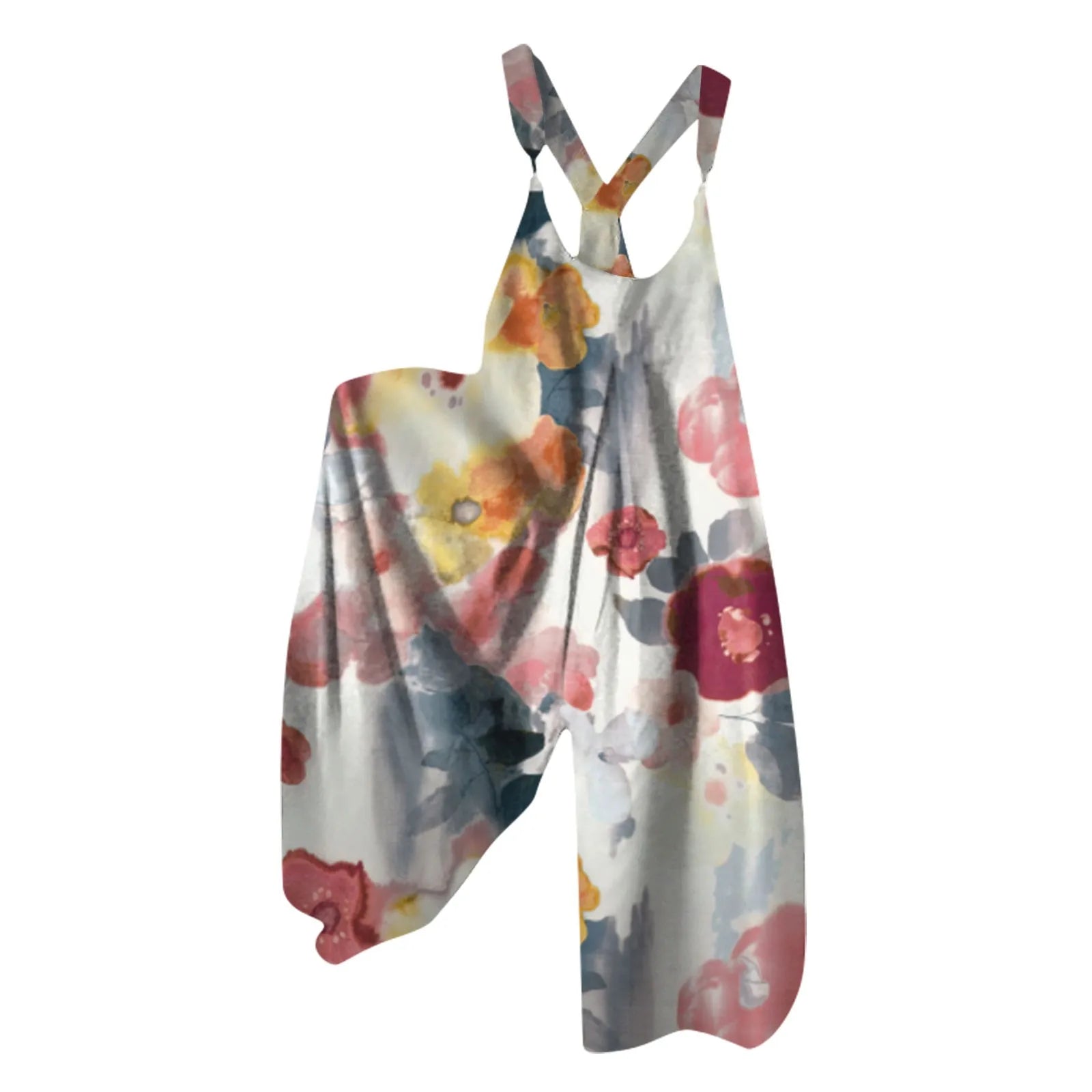 Wide Leg Sleeveless Overalls for Women Casual Loose Fit Jumpsuit with Retro Print Metal Buttons Long Pants Romper with Functional Pockets