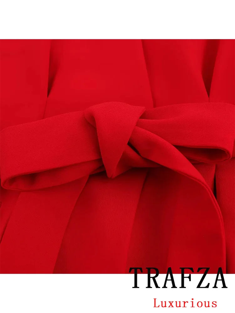 Chic Red Sleeveless Blazer and High Waist Wide Leg Pants Set for Office Ladies with V Neck and Sashes