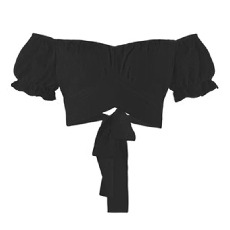 Women's Butterfly Tie One Shoulder Monochromatic Top with Sweet Back Tie and Short Sleeves